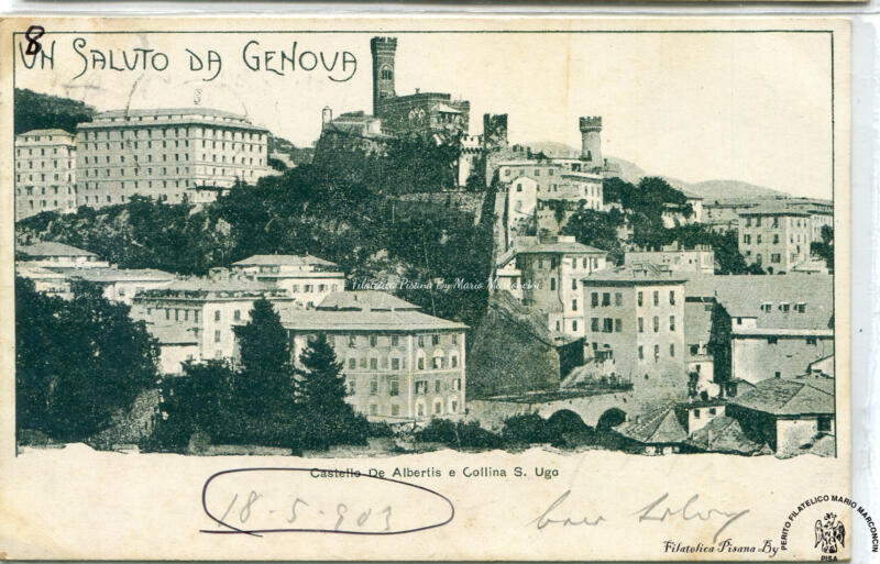 Cartolina illustrata Un saluto da Genova Castello De Albertis e Collina S. Ugo