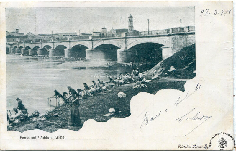 Cartolina illustrata Lodi. Ponte sull’Adda