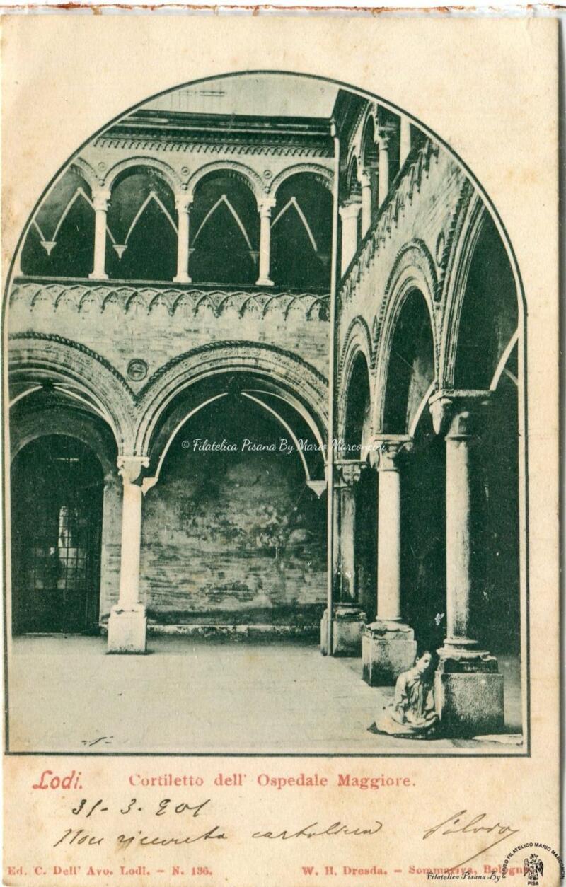 Cartolina illustrata Lodi. Cortiletto dell’Ospedale Maggiore