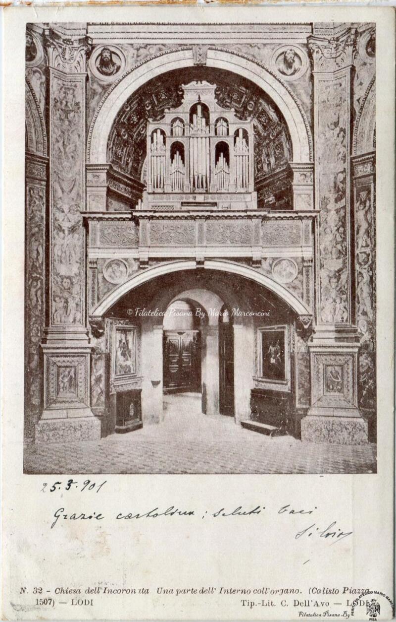 Cartolina illustrata Lodi. Chiesa dell’Incoronata. Una parte dell’interno coll’organo (Calisto Piazza 1507)