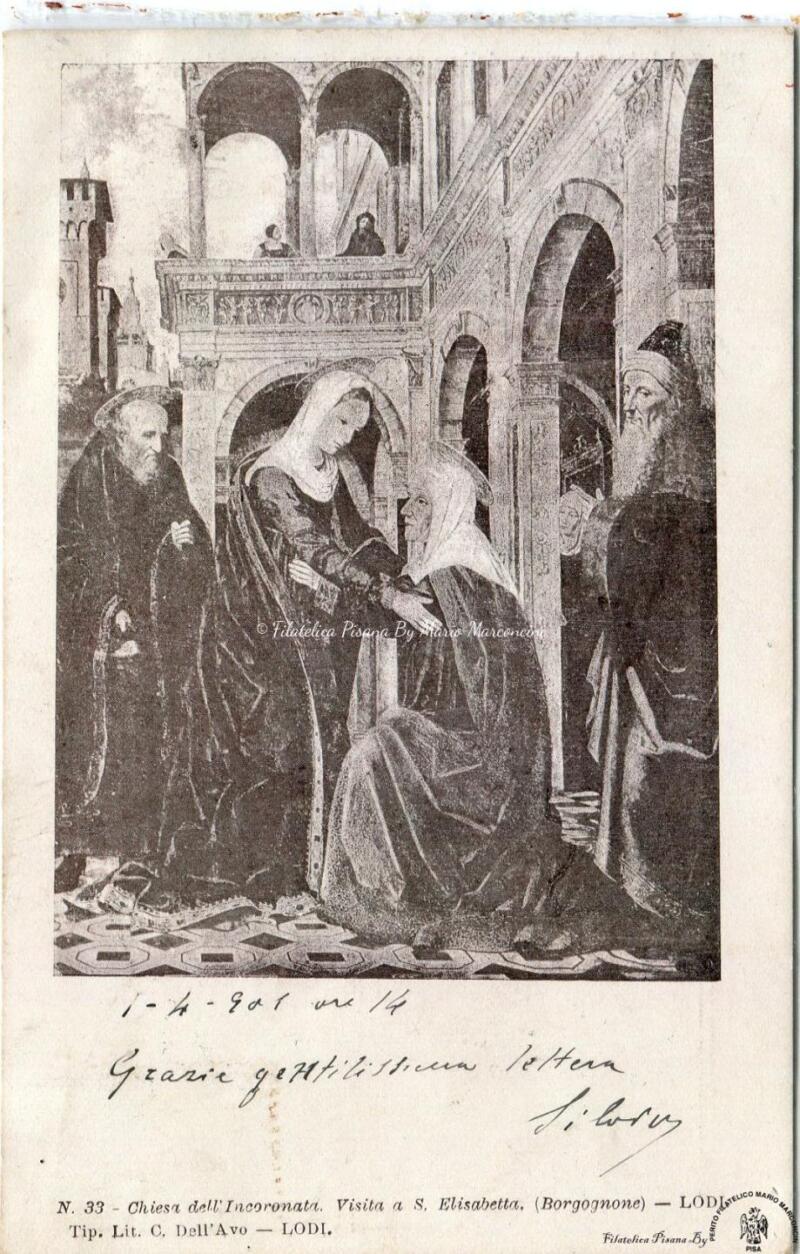 Cartolina illustrata Lodi. Chiesa dell’Incoronata. Visita a S. Elisabetta (Borgognone)