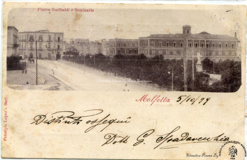 Cartolina illustrata Molfetta. Piazza Garibaldi e Seminario