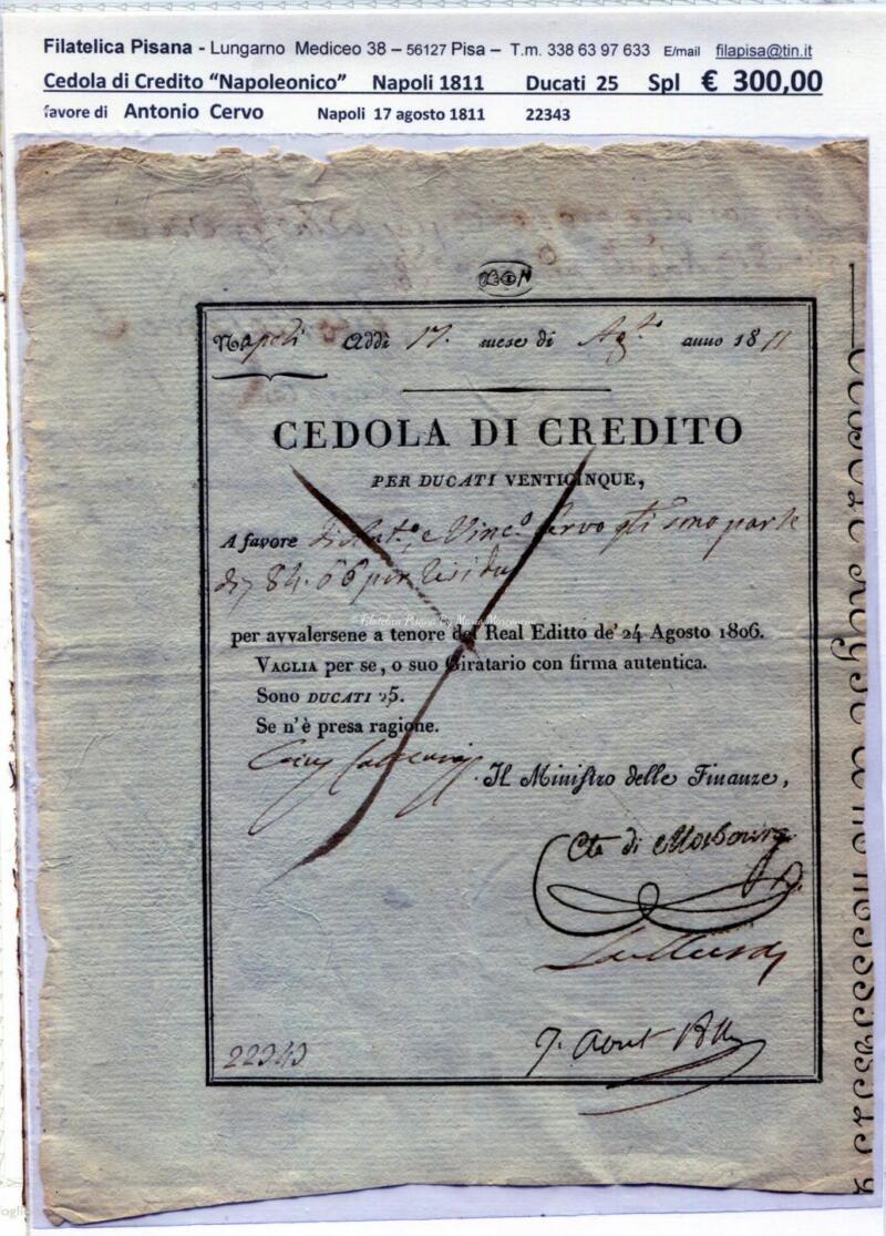 Antichi stati - Regno di Napoli Cedola Credito Napoleonico Anno 1811 Ducati 25