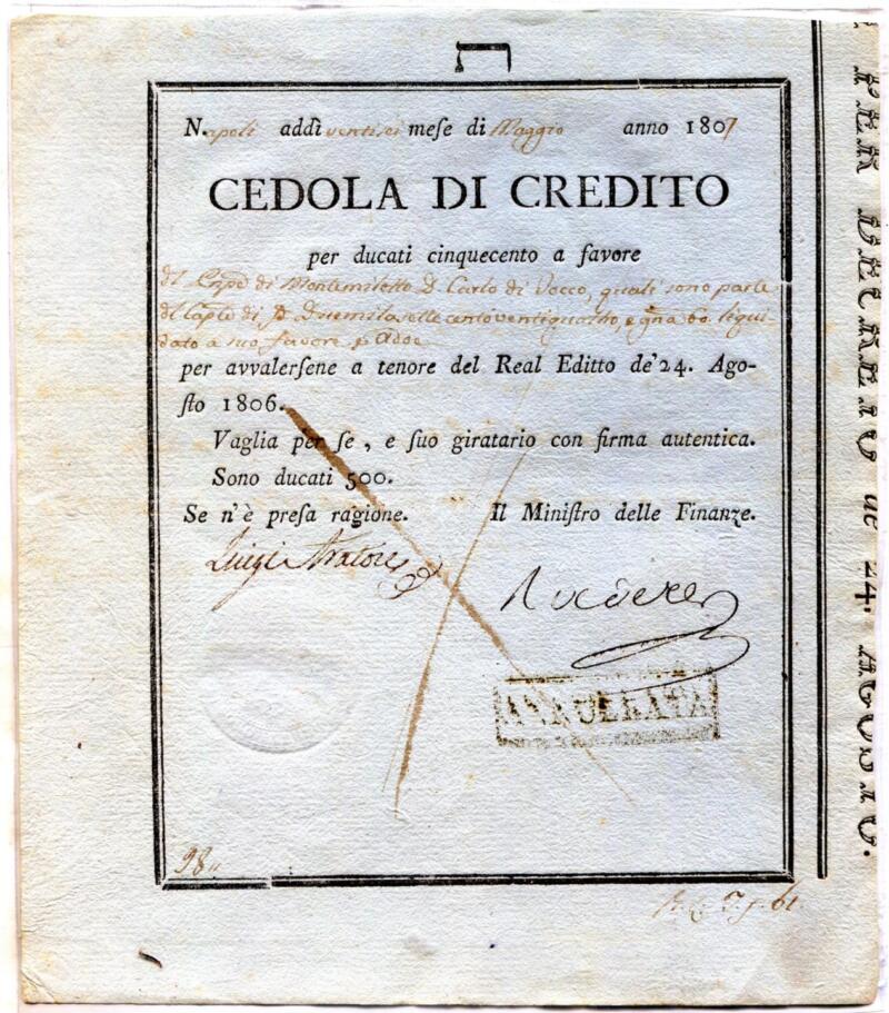 Antichi stati - Regno di Napoli Cedola Credito Napoleonico Anno 1807 Ducati 500