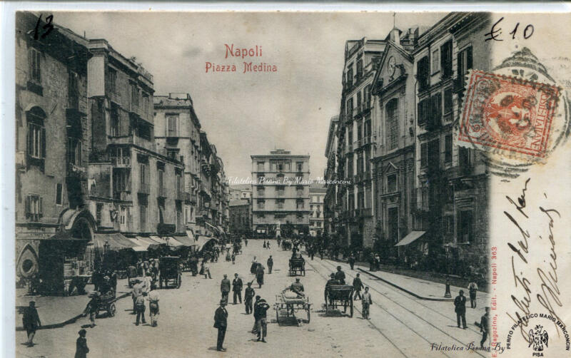 Cartolina illustrata Napoli. Piazza Medina