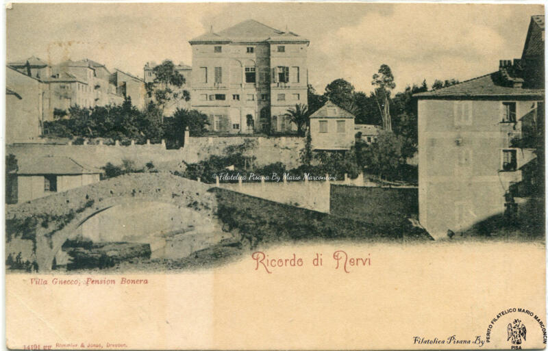 Cartolina illustrata Ricordo di Nervi. Villa Gnecco, Pension Bonera