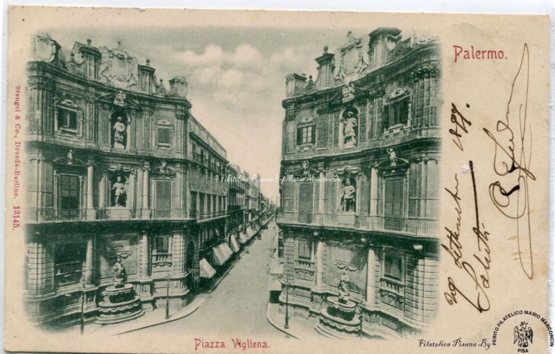 Cartolina illustrata Palermo. Piazza Vigliena