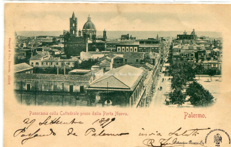 Cartolina illustrata Palermo. Panorama colla Cattedrale preso dalla Porta Nuova