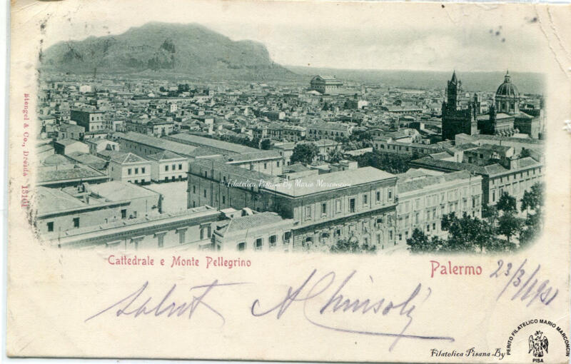 Cartolina illustrata Palermo. Cattedrale e Monte Pellegrino