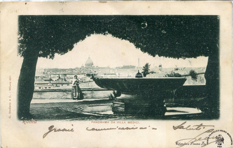 Cartolina illustrata Roma. Panorama da Villa Medici