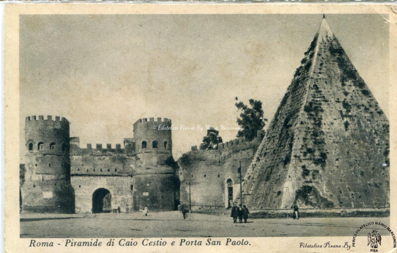 Cartolina illustrata Roma. Piramide di Caio Cestio e Porta San Paolo