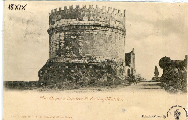 Cartolina illustrata Roma. Via Appia e Sepolcro di Cecilia Metella