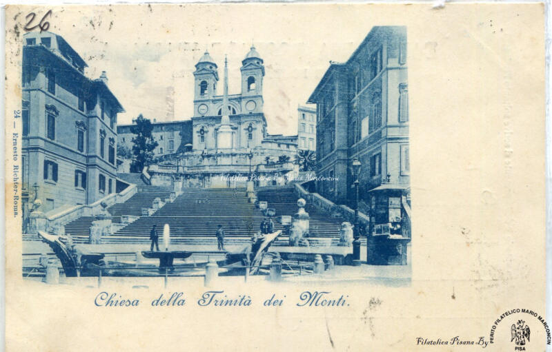 Cartolina illustrata Roma. Chiesa della Trinità dei Monti