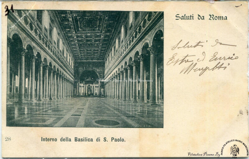Cartolina illustrata Saluti da Roma. Interno della Basilica di S. Paolo