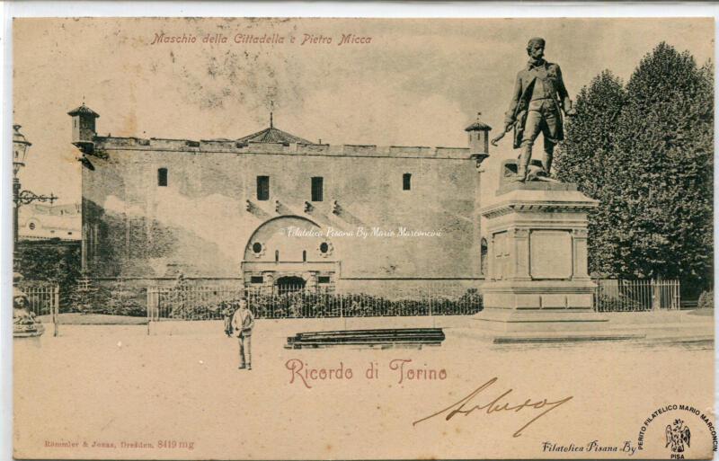 Cartolina illustrata Ricordo di Torino. Maschio della Cittadella e Pietro Micca