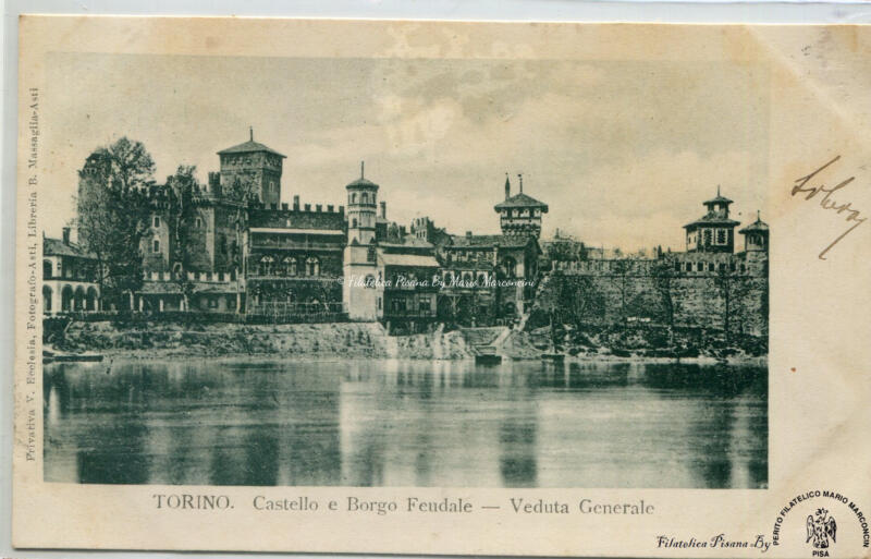 Cartolina illustrata Torino. Castello e Borgo Feudale - Veduta generale
