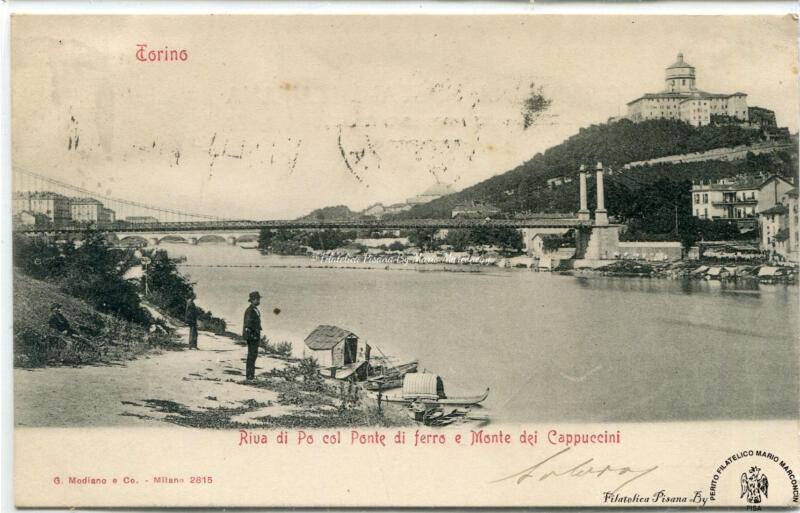 Cartolina illustrata Torino. Riva di Po col Ponte di ferro e Monte dei Cappuccini
