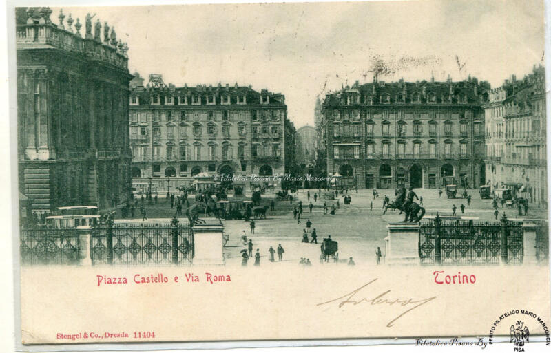 Cartolina illustrata Torino. Piazza Castello e Via Roma