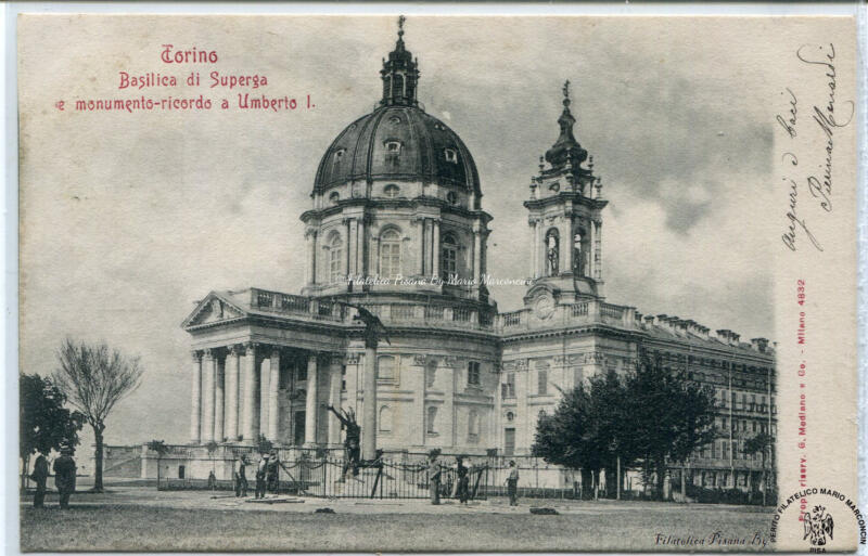 Cartolina illustrata Torino. Basilica di Superga e monumento-ricordo a Umberto I
