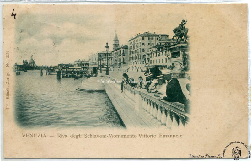 Cartolina illustrata Venezia. Riva degli Schiavoni-Monumento Vittorio Emanuele