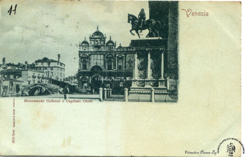 Cartolina illustrata Venezia. Monumento Colleoni e Ospitale Civile