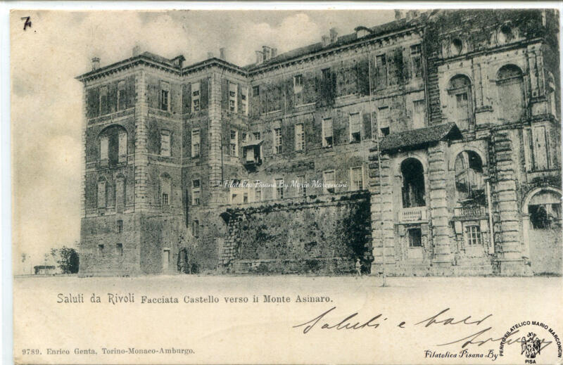 Cartolina illustrata Saluti da Rivoli. Facciata Castello verso il Monte Asinaro