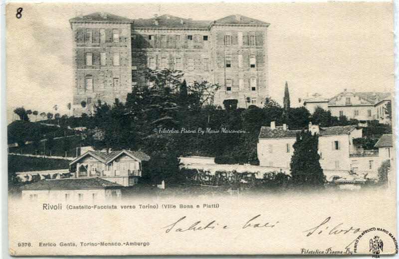 Cartolina illustrata Rivoli (Castello-Facciata verso Torino) (Ville Bana e Piatti)