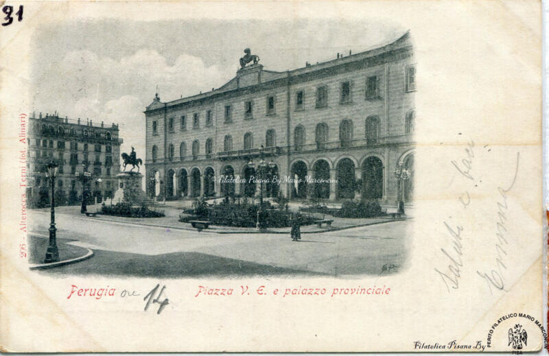 Cartolina illustrata Perugia. Piazza V. E. (Vittorio Emanuele) e palazzo provinciale