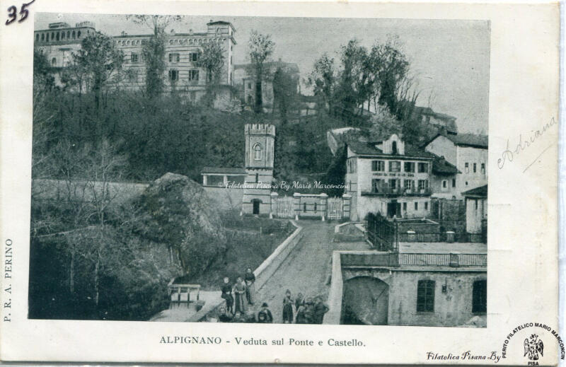 Cartolina illustrata Alpignano. Veduta sul Ponte e Castello