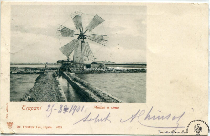 Cartolina illustrata Trapani, Mulino a vento