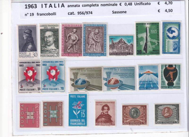 Francobolli nuovi Italia: annata completa 1963