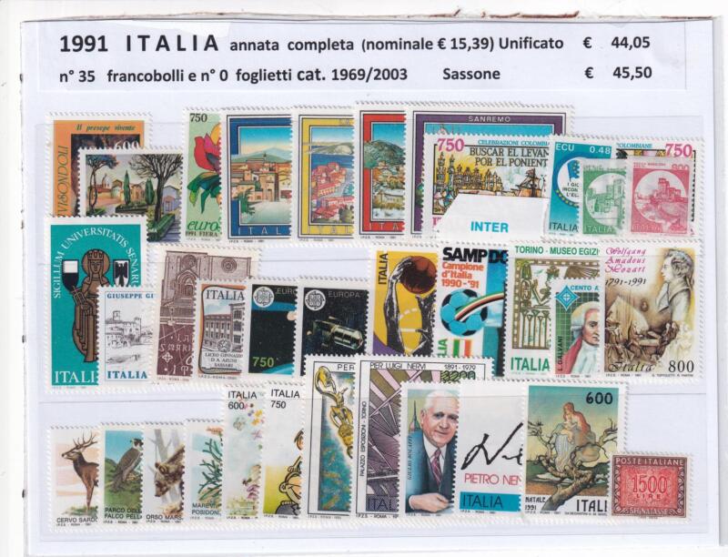 Francobolli nuovi Italia: annata completa 1991