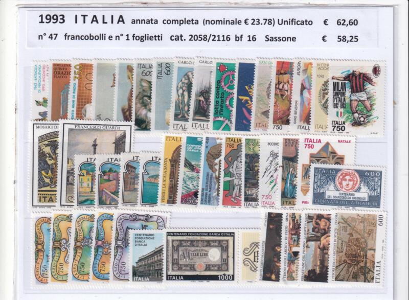 Francobolli nuovi Italia: annata completa 1993 con foglietto