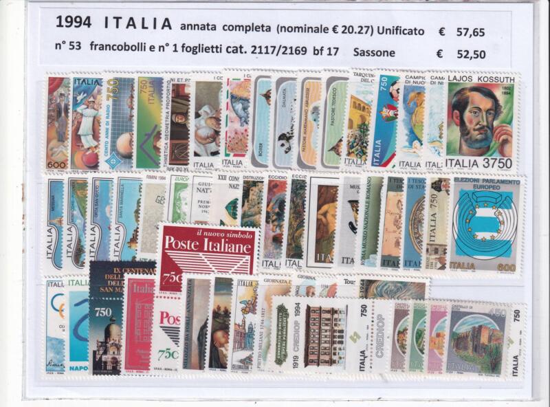 Francobolli nuovi Italia: annata completa 1994 con foglietto
