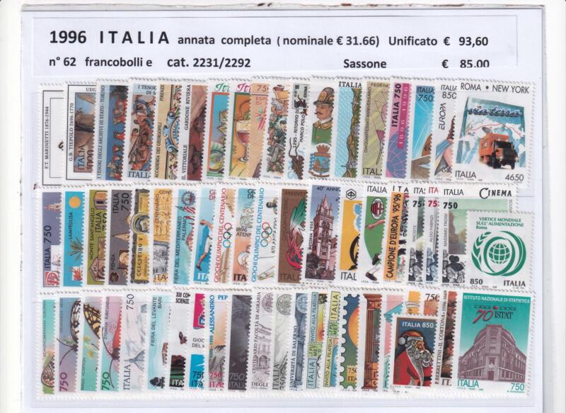 Francobolli nuovi Italia: annata completa 1996