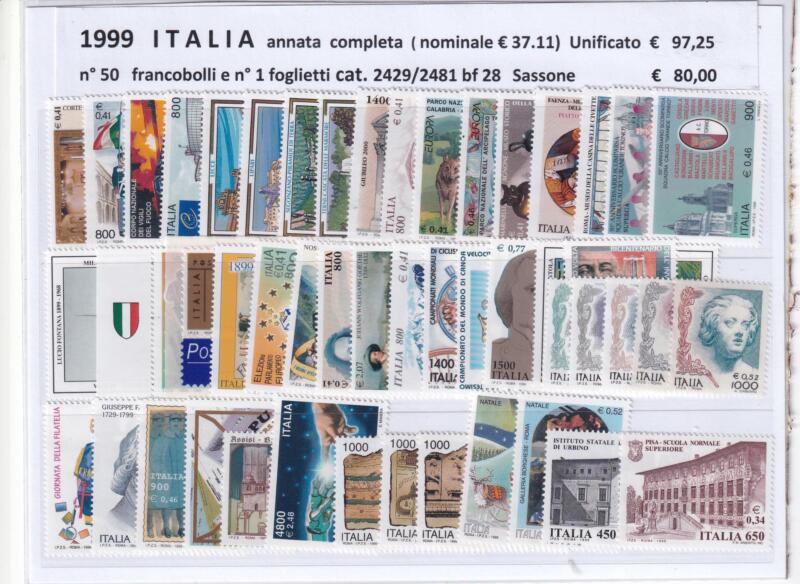 Francobolli nuovi Italia: annata completa 1999 con foglietto