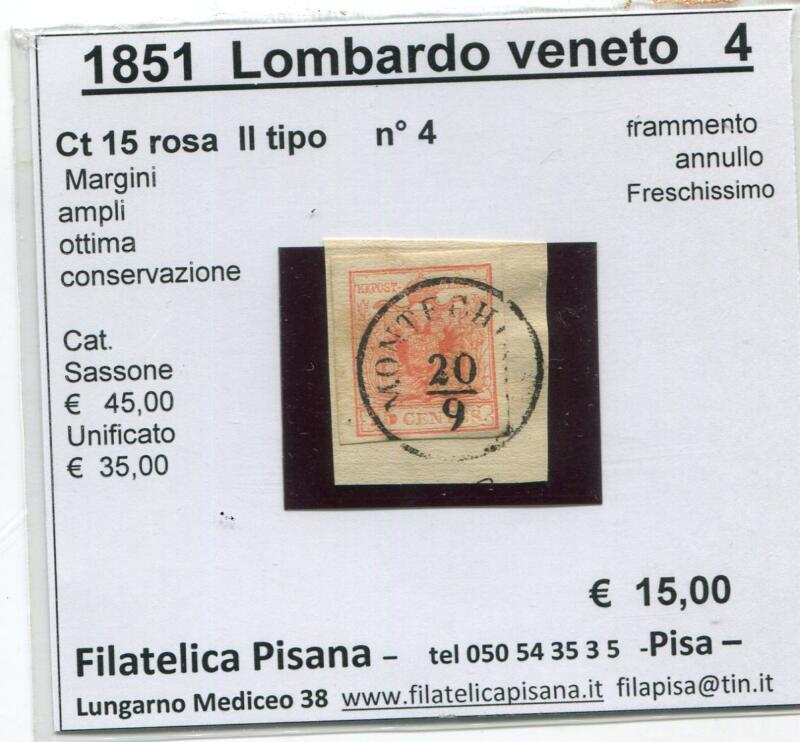 Francobollo Antichi stati - Lombardo Veneto - Anno 1851 Cent 5 rosa II tipo
