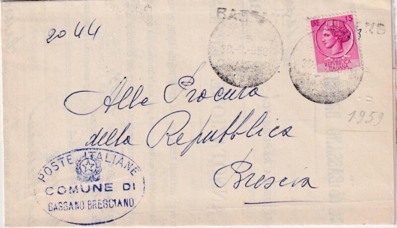 Lettera da BASSANO BRESCIANO 30/9/1959 - Annullo muto abbrunato lineare BASSANO BRESCIANO