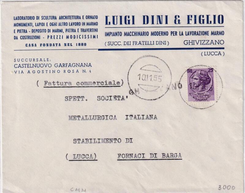 Lettera commerciale da Ghivizzano Lucca 10/11/1955 - Annullo muto doppio cerchio “scalpellato” a data e lineare GHIVIZZANO