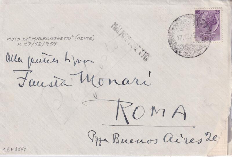 Lettera da Malborghetto “Udine” 17/12/1959  Roma - Annullo muto abbrunato data e lineare MALBORGHETTO