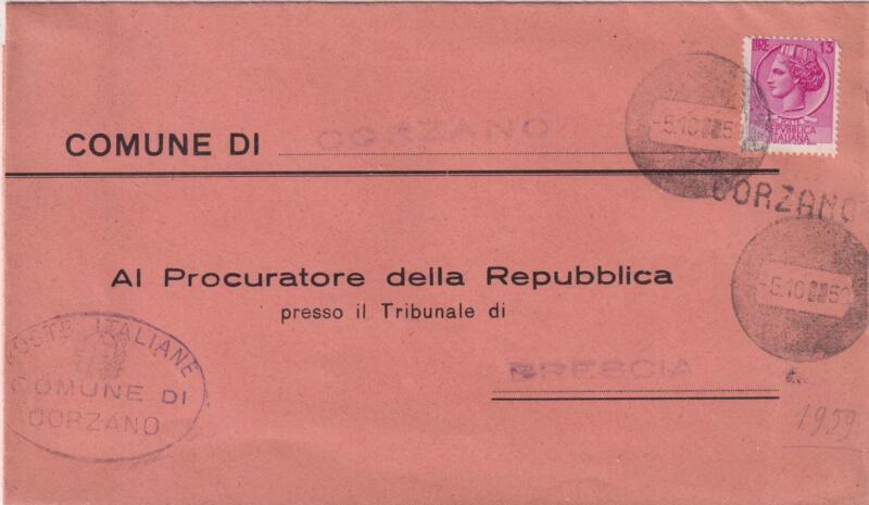 Lettera dal Comune di Corzano 5/10/1959 - Annullo muto tondo abbrunato e lineare CORZANO