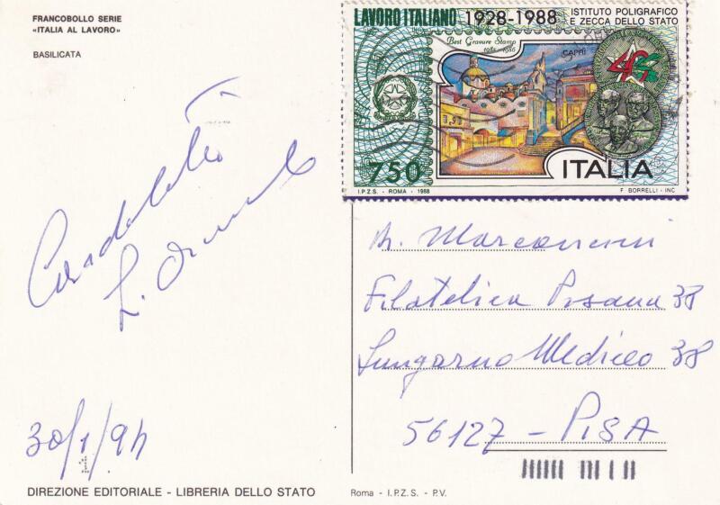 Cartolina affrancata con chiudilettera annullata e viaggiata