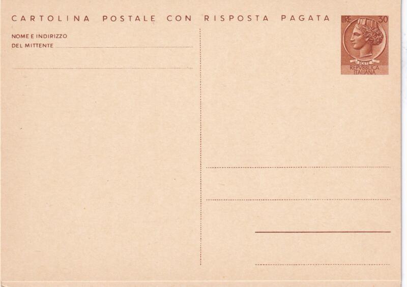 Cartolina postale Italia con risposta pagata - cat. n. 169 Lire 30 + 30