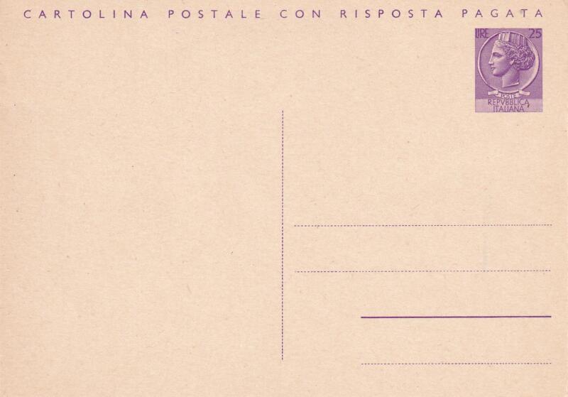 Cartolina postale Italia con risposta pagata - cat. n. 165 Lire 25 + 25