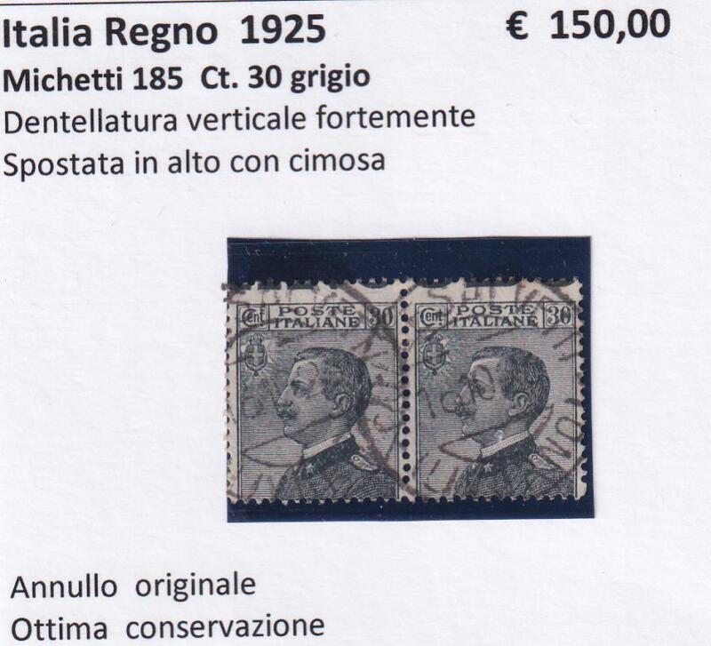 Francobollo Regno d’Italia - Anno 1925 Coppia Centesimi 30 Grigio