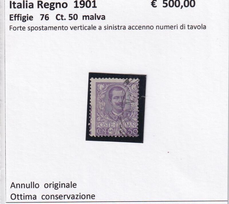 Francobollo Regno d’Italia – Anno 1901 – Effigie Centesimi 50 Malva