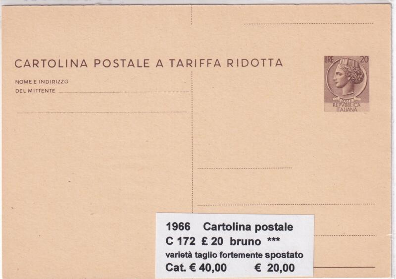 Cartolina postale Italia - cat. n. 172 Lire 20 Varietà di stampa