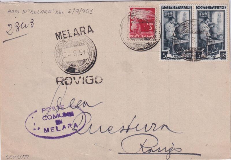 Annullo muto Melara e Rovigo - Data 2/08/1951 Francobolli Democratica (cat. n. 553) Lire 3 rosso e Italia al Lavoro (cat. n. 637) Lire 5 grigio