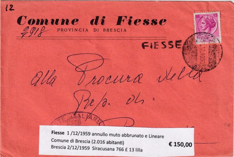 Annullo muto Fiesse - Data 1/12/1959 Francobollo Siracusana (cat. n. 766) Lire 13 lilla