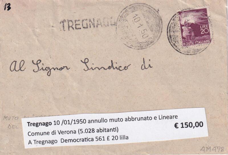 Annullo muto Tregnago 10/01/1950 Francobollo Democratica (cat. n. 561) Lire 20 lilla